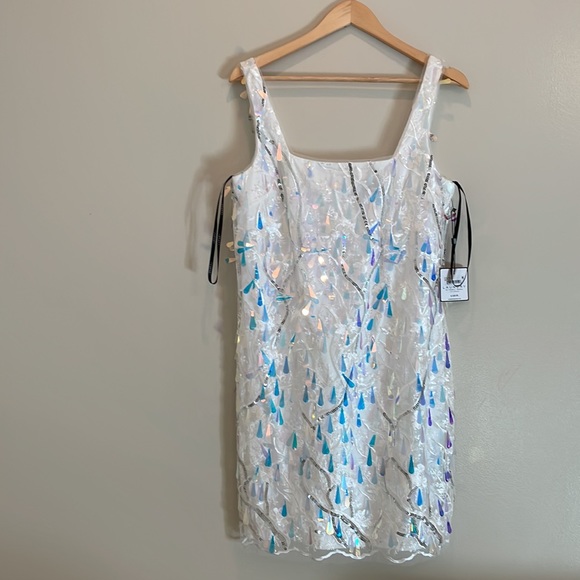 NWT LAUNDRY Shelli Segal white spangle shimmer dress shift mesh square 8 10 12 - Picture 16 of 16